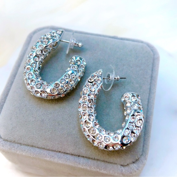 Silver crystal pave huggie earrings 1.25” 🌟 gorgeous lightweight - Picture 1 of 9
